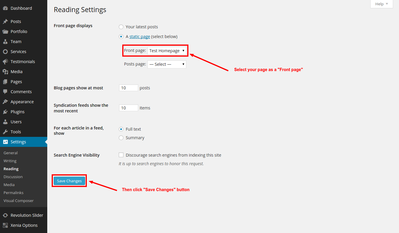 Setting Front page in WP Settings